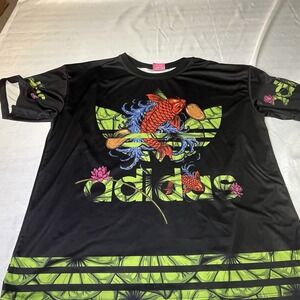 H&N Designs Adidas Japanese Coi Lotus Flower Black Green Mens XL  T-shirt Unique